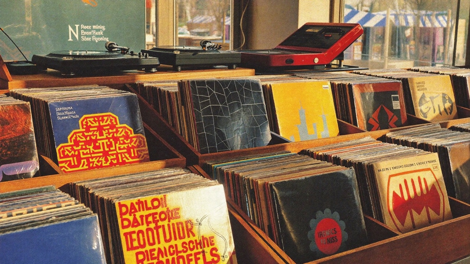 Inside Static and Groove Records, warm afternoon light over rows of wooden crates packed with used vinyl